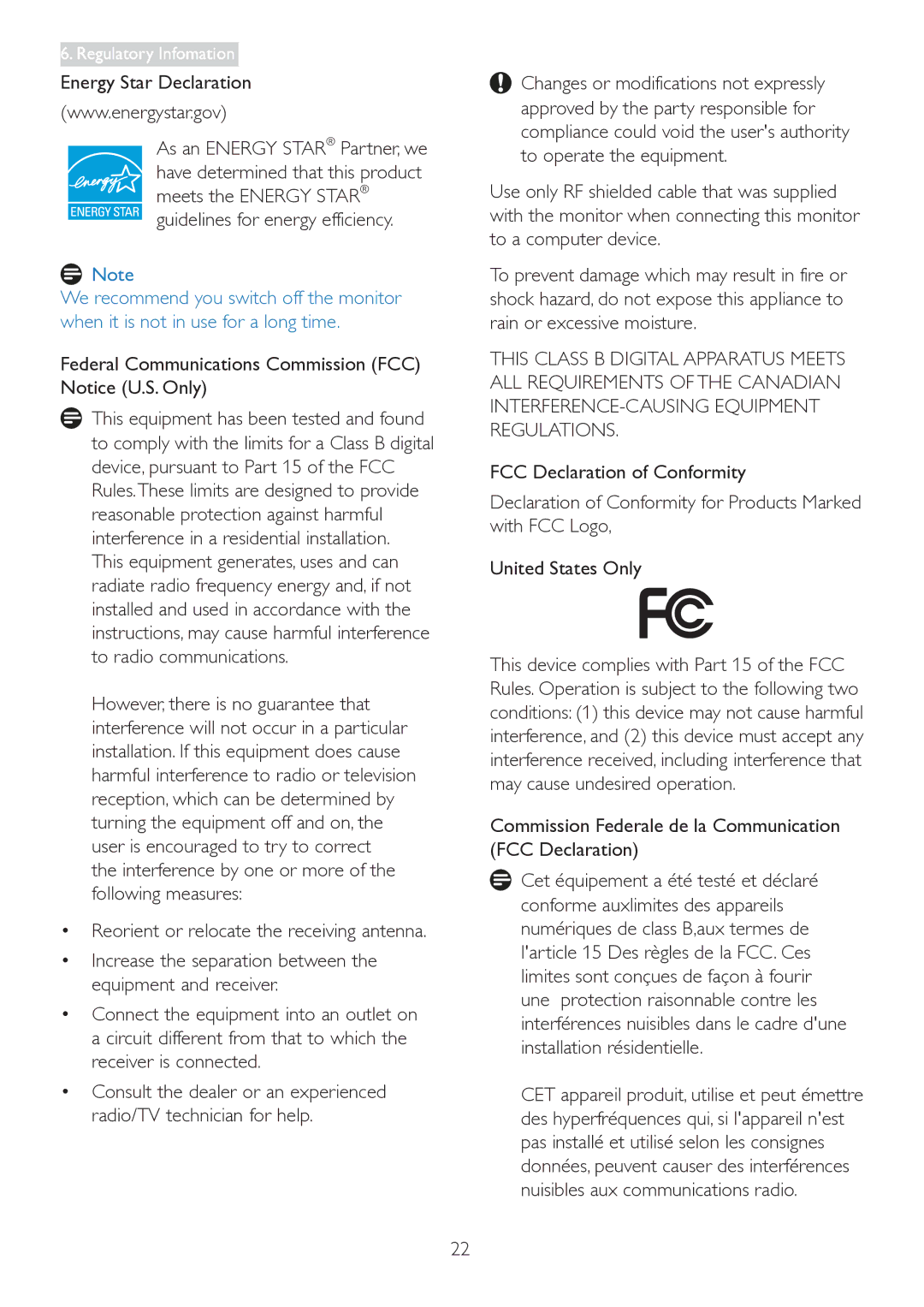 Philips 223V5 user manual Energy Star Declaration, Federal Communications Commission FCC Notice U.S. Only 