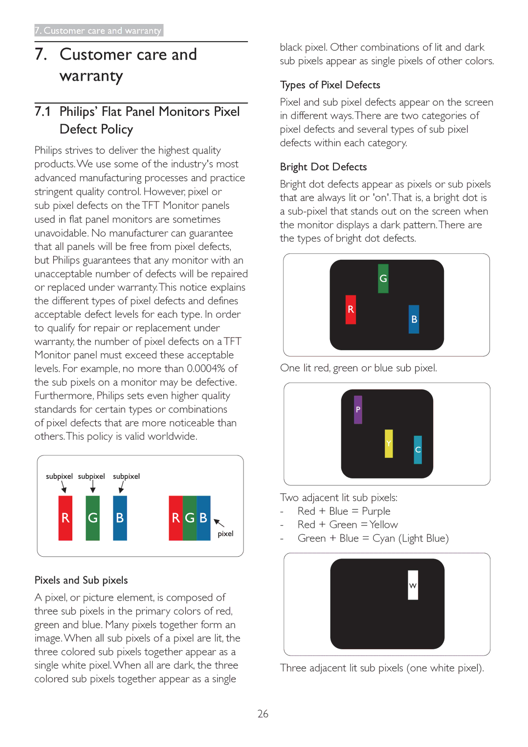 Philips 223V5 user manual Customer care and warranty, Philips’ Flat Panel Monitors Pixel Defect Policy 