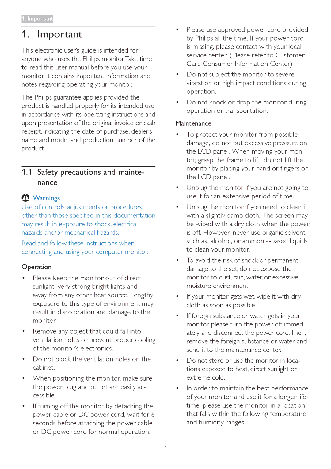 Philips 223V5 user manual Safety precautions and mainte- nance 