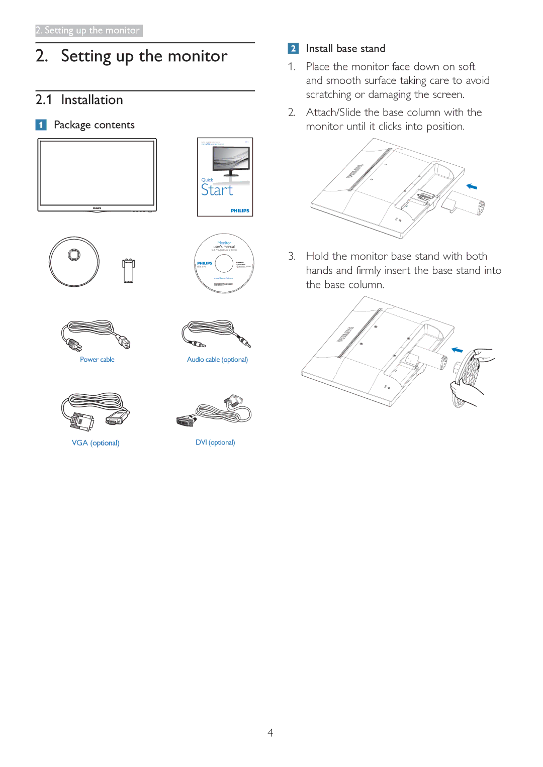 Philips 223V5 user manual Setting up the monitor, Installation, Package contents, Install base stand 