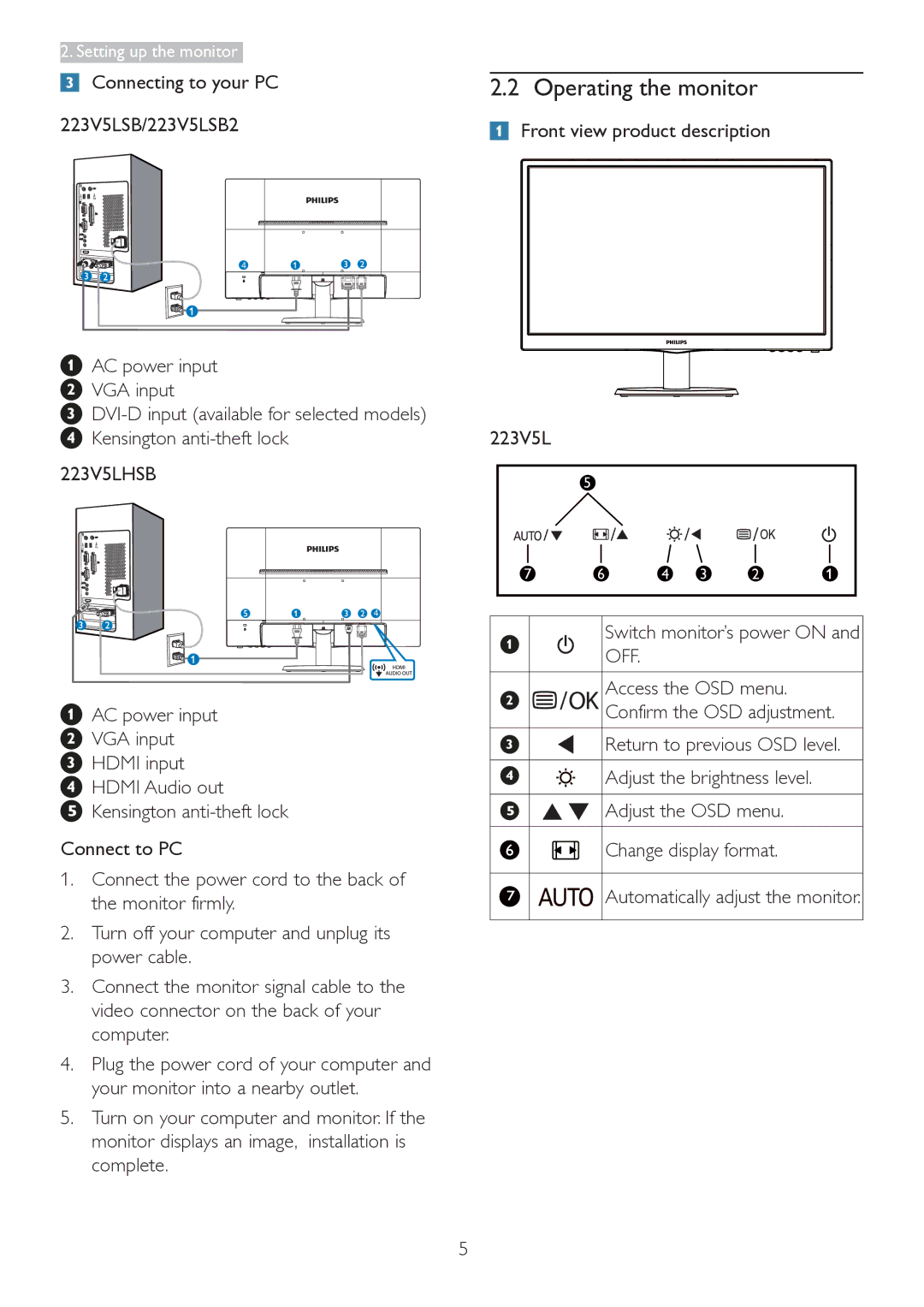 Philips user manual Operating the monitor, 223V5LHSB, Off 