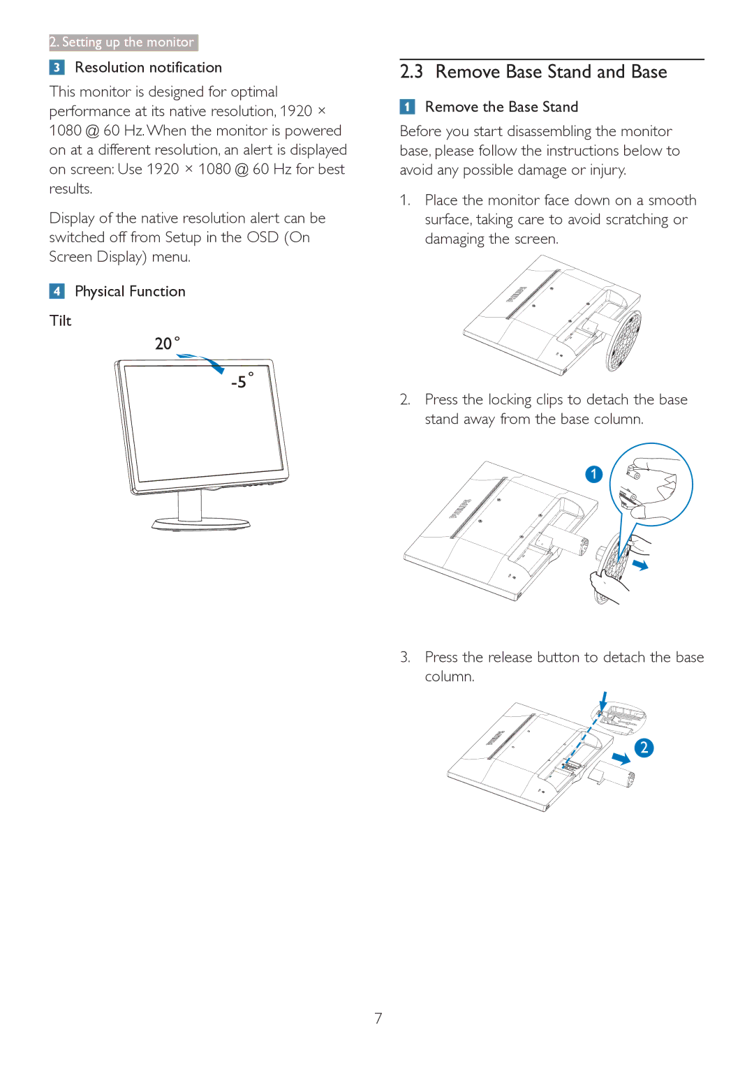 Philips 223V5 Remove Base Stand and Base, Remove the Base Stand, Press the release button to detach the base column 