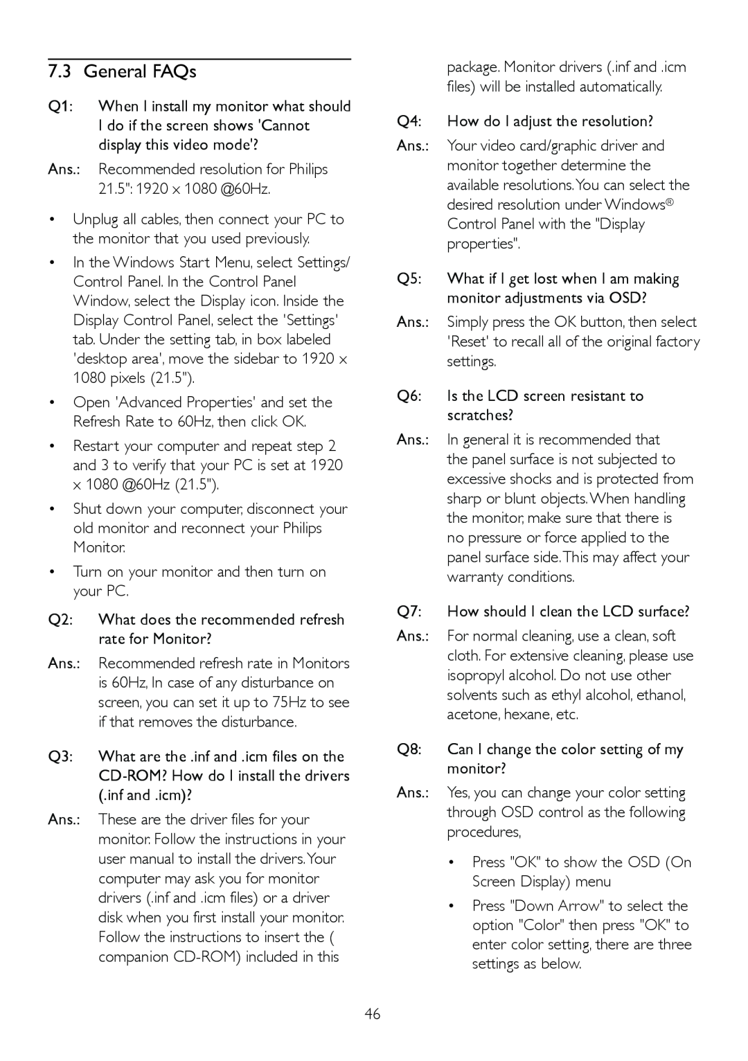 Philips 224CL2 user manual General FAQs 