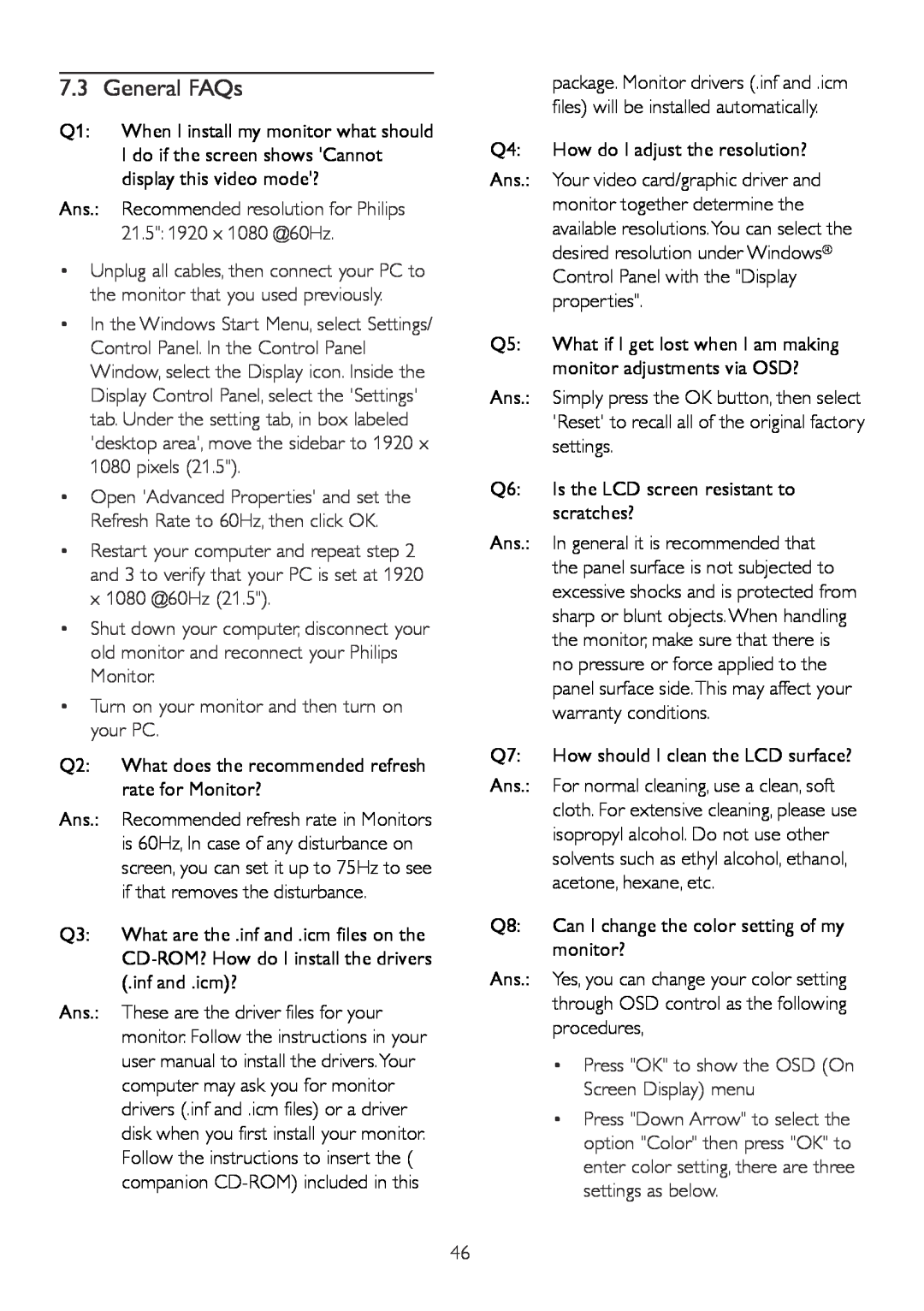 Philips 224CL2 user manual General FAQs 
