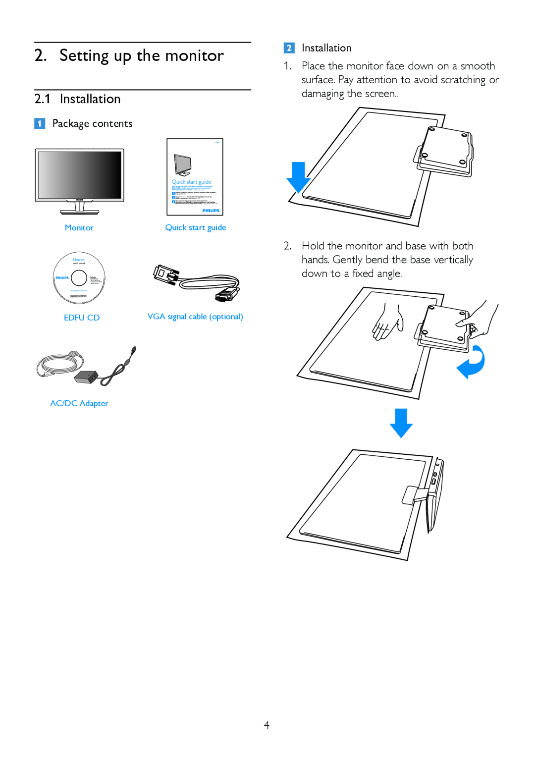 Philips 224CL2 user manual Setting up the monitor, Installation 