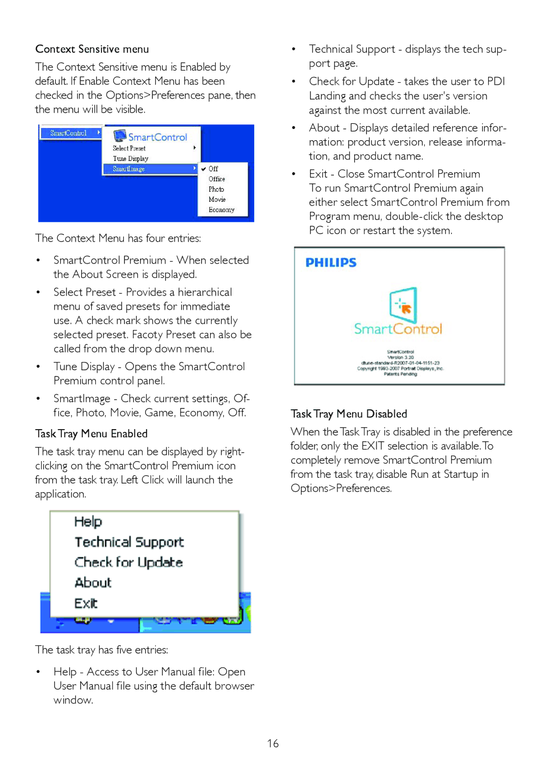 Philips 224CL2 user manual Context Sensitive menu, Context Menu has four entries, Task Tray Menu Disabled 