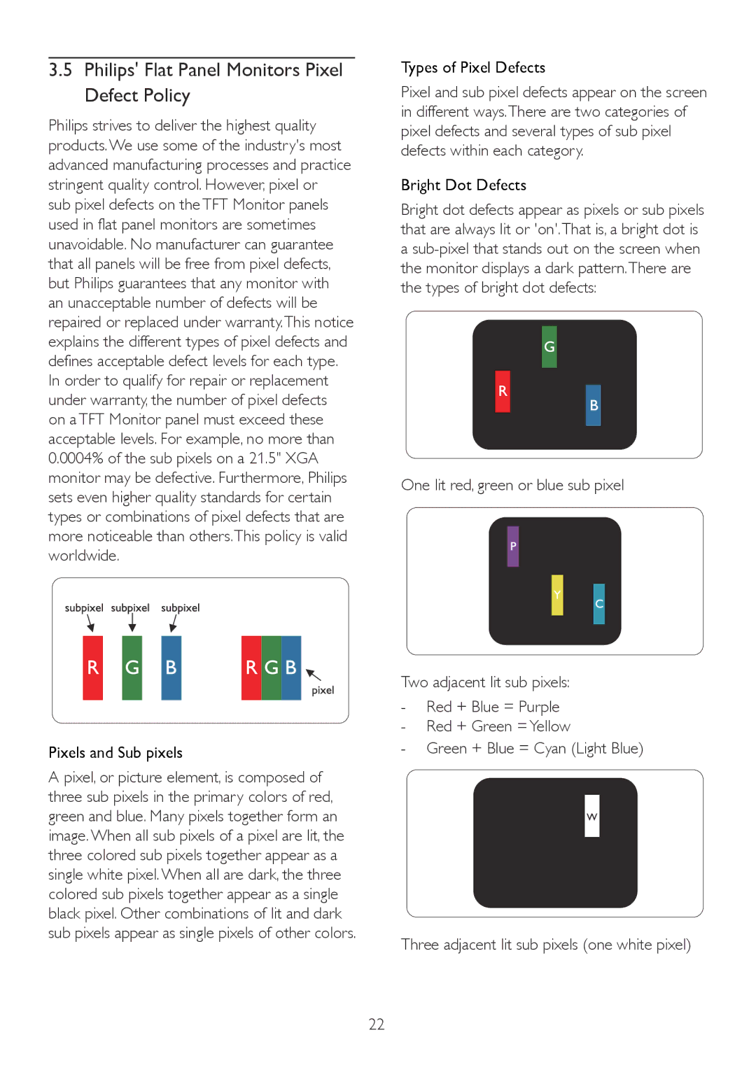 Philips 224CL2 user manual Philips Flat Panel Monitors Pixel Defect Policy, Pixels and Sub pixels, Types of Pixel Defects 