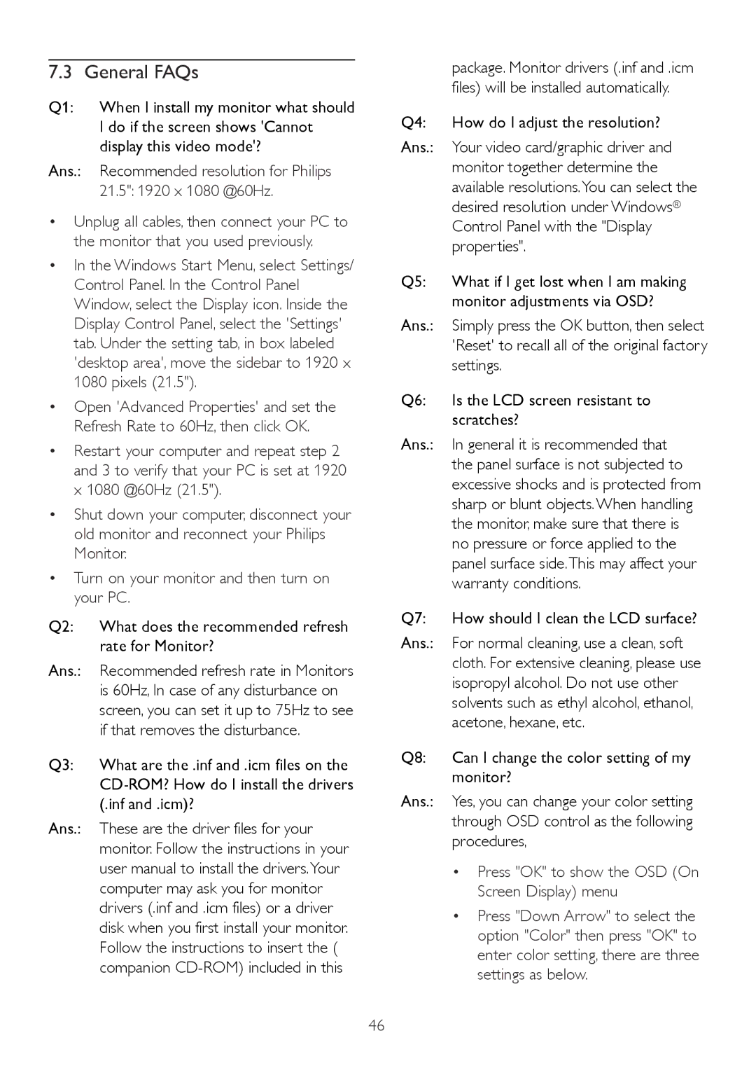 Philips 224CL2 user manual General FAQs 