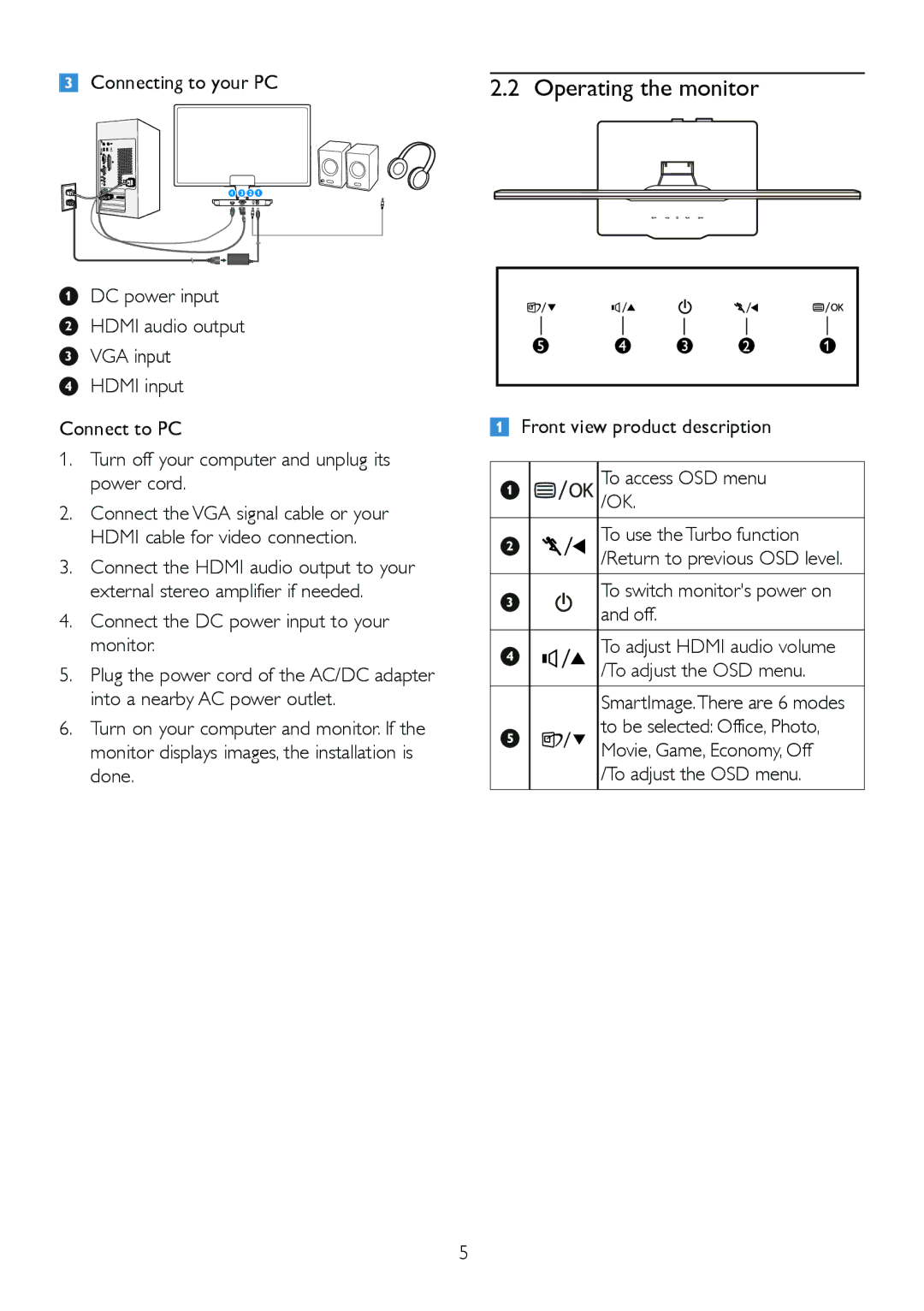 Philips 224CL2 user manual Operating the monitor, Front view product description To access OSD menu /OK 