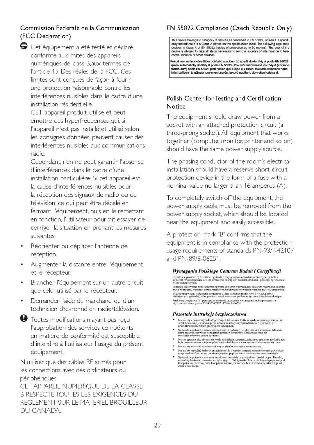 Philips 224CL2 user manual Commission Federale de la Communication FCC Declaration 