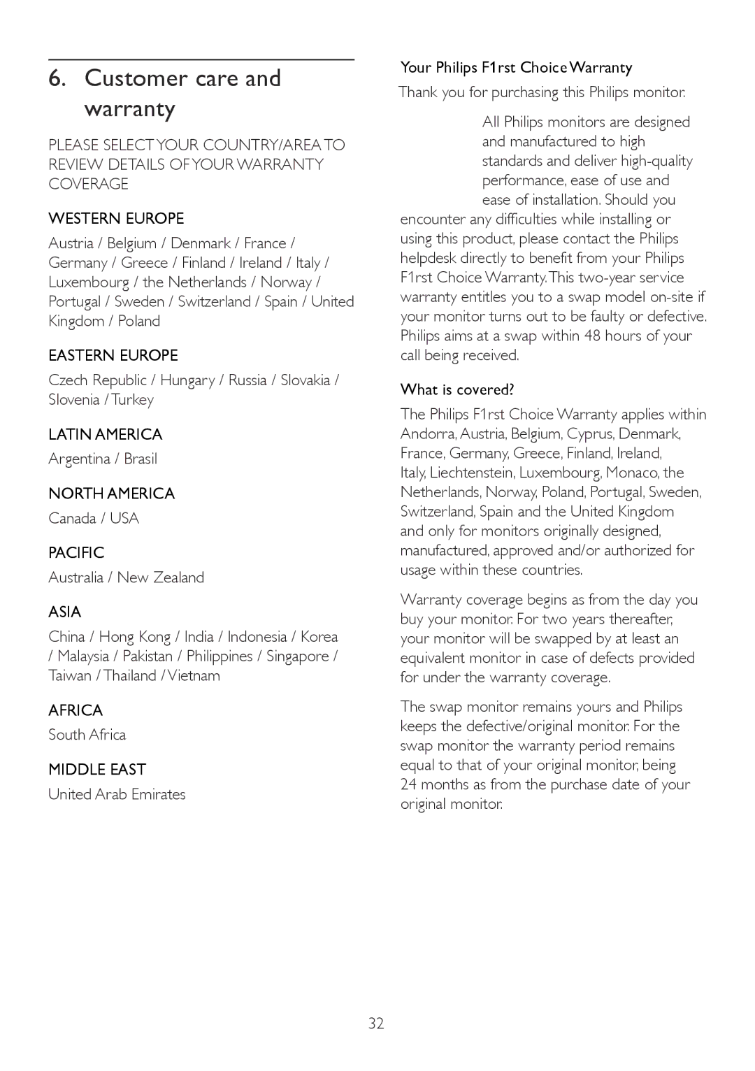 Philips 224CL2 user manual Eastern Europe, Latin America, North America, Pacific, Asia, Africa, Middle East 