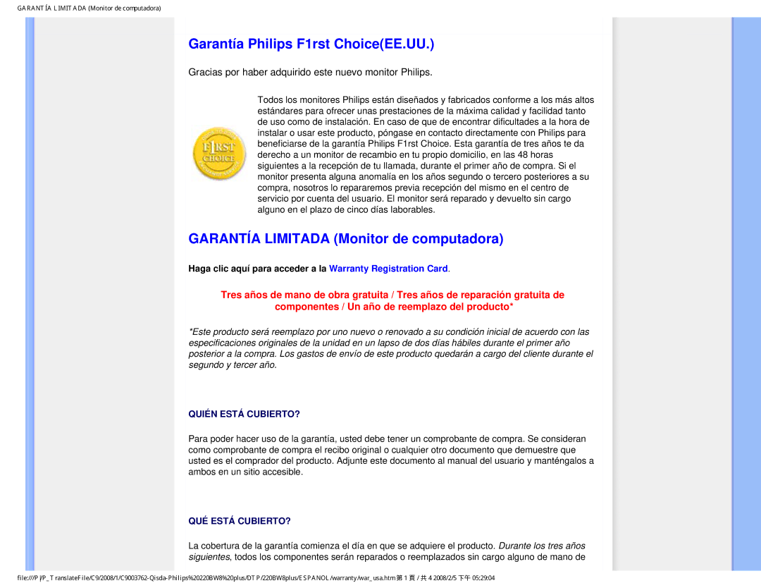 Philips 225B1 user manual Garantía Philips F1rst ChoiceEE.UU, Garantía Limitada Monitor de computadora 