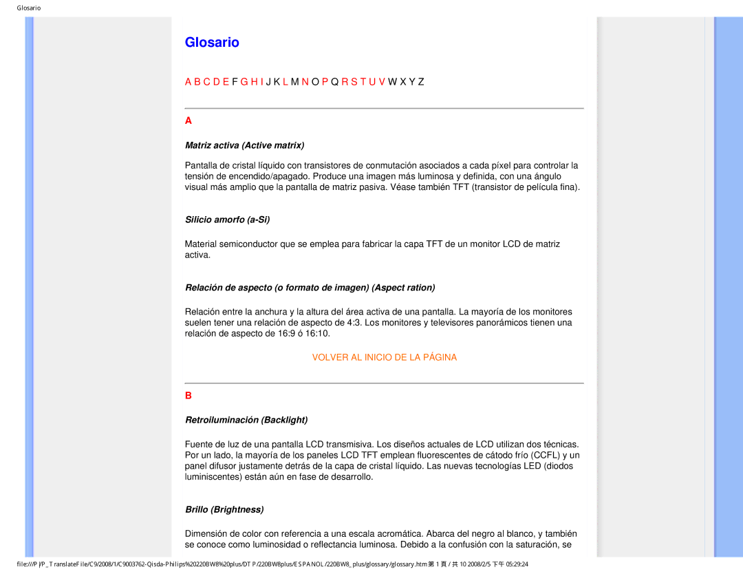 Philips 225B1 user manual Glosario 