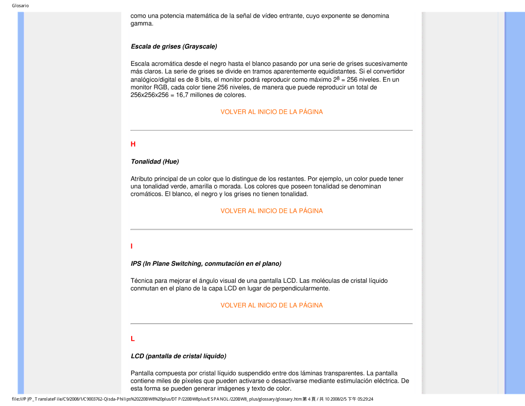 Philips 225B1 user manual Escala de grises Grayscale, Tonalidad Hue, IPS In Plane Switching, conmutación en el plano 