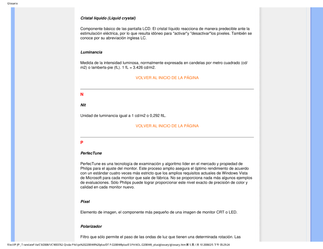 Philips 225B1 user manual Cristal líquido Liquid crystal, Luminancia, Nit, PerfecTune, Píxel, Polarizador 