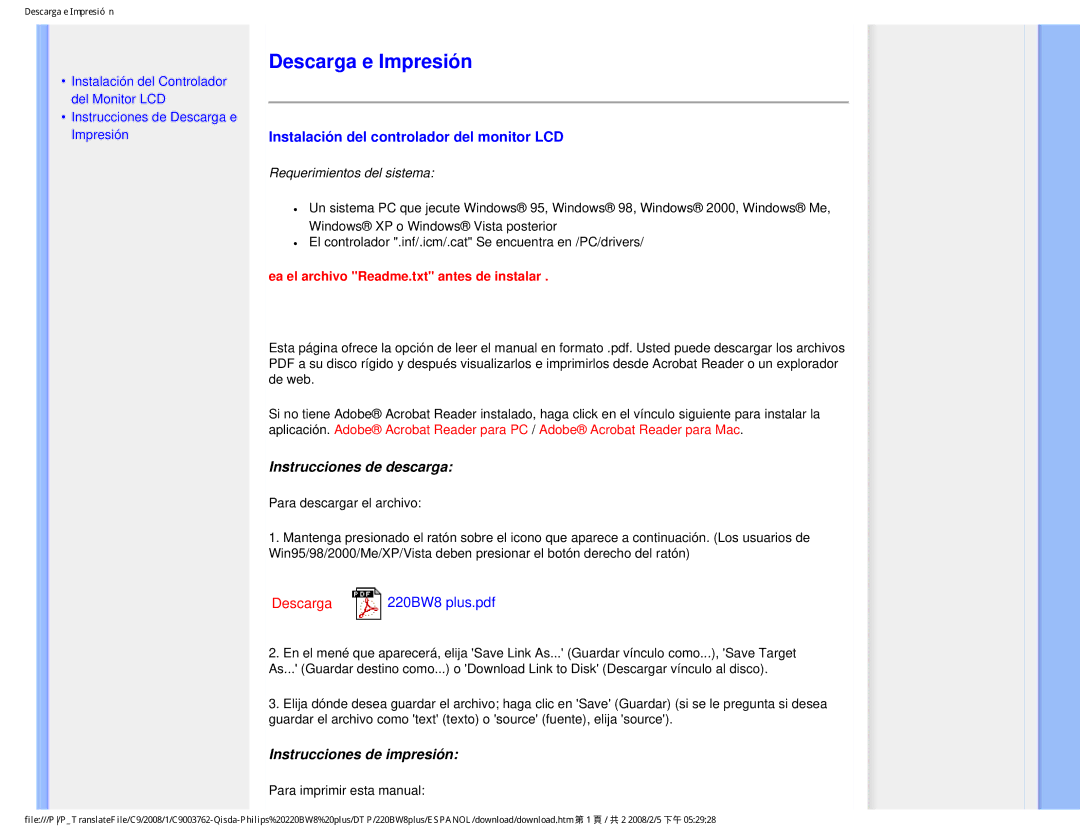 Philips 225B1 user manual Descarga e Impresión, Instalación del controlador del monitor LCD 