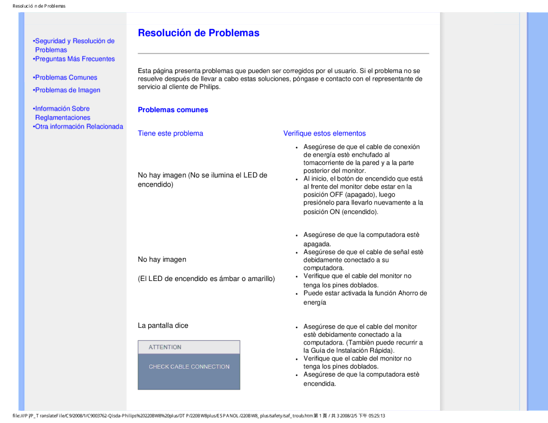 Philips 225B1 user manual Resolución de Problemas, Problemas comunes 