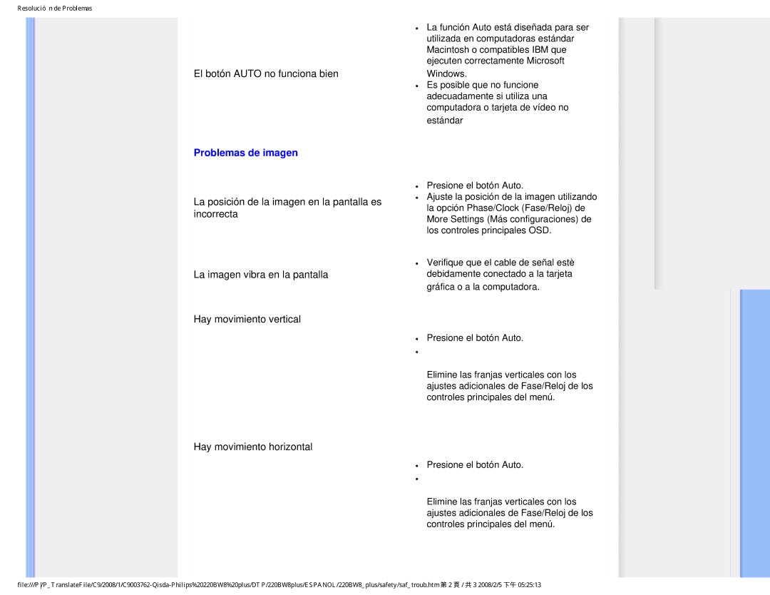 Philips 225B1 user manual Problemas de imagen 