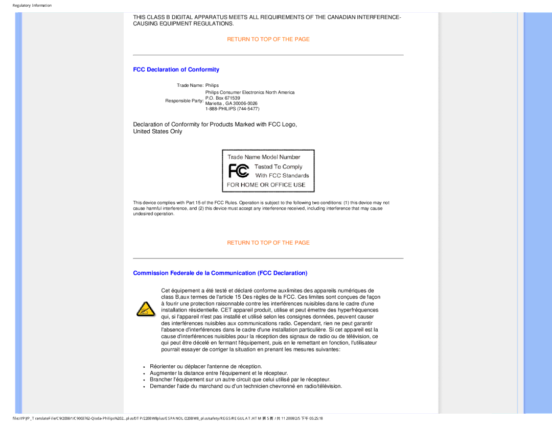 Philips 225B1 user manual FCC Declaration of Conformity, Commission Federale de la Communication FCC Declaration 