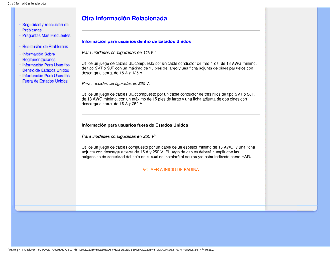 Philips 225B1 user manual Otra Información Relacionada, Información para usuarios dentro de Estados Unidos 