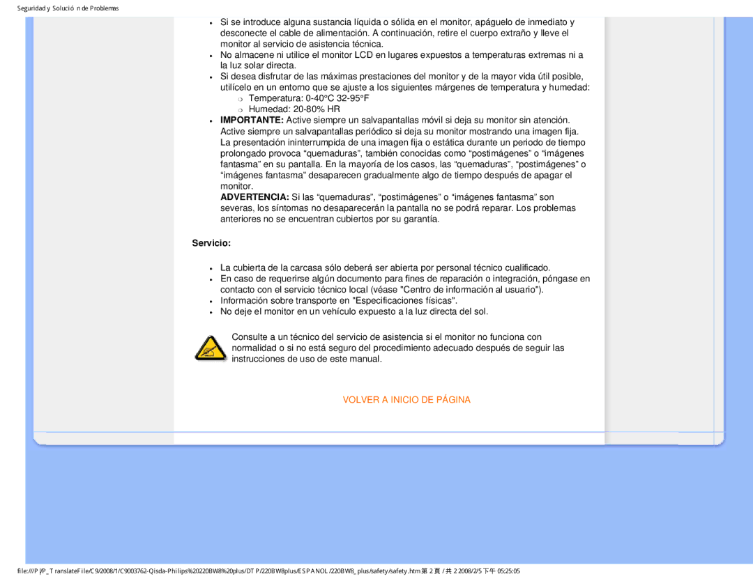 Philips 225B1 user manual Servicio, Volver a Inicio DE Página 