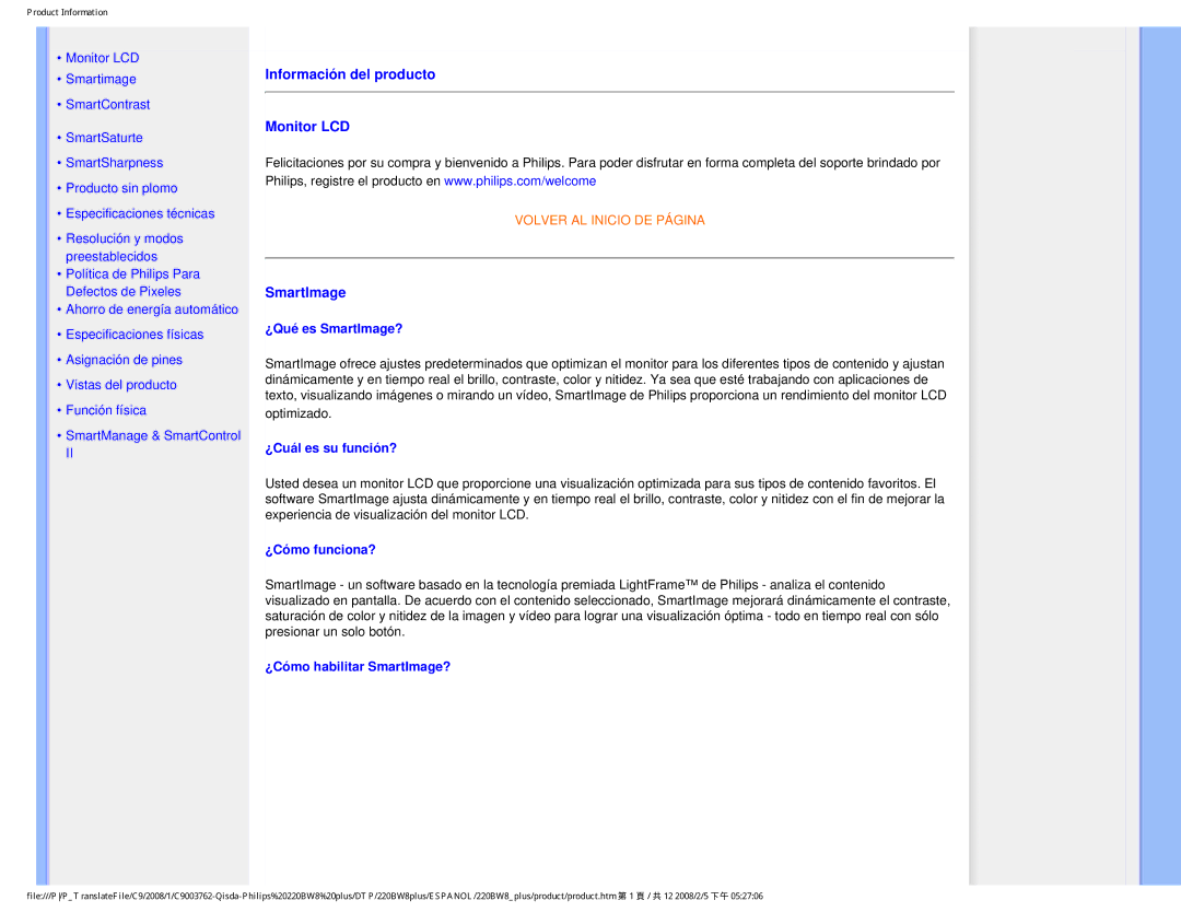 Philips 225B1 user manual Información del producto Monitor LCD, SmartImage 