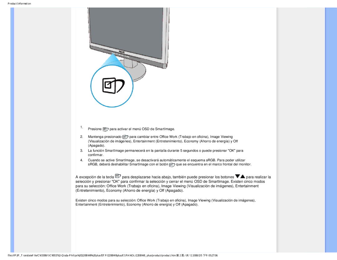 Philips 225B1 user manual Product Information 