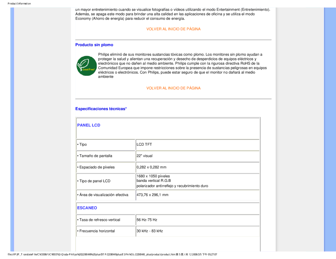 Philips 225B1 user manual Producto sin plomo, Especificaciones técnicas 