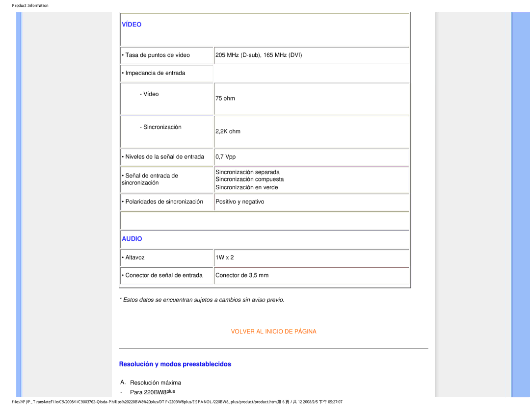 Philips 225B1 user manual Vídeo, Resolución y modos preestablecidos 