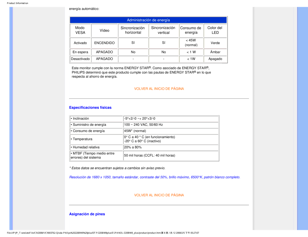 Philips 225B1 user manual Especificaciones físicas, Asignación de pines 