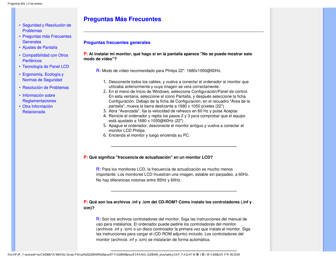 Philips 225B1 user manual Preguntas Más Frecuentes, Preguntas frecuentes generales 