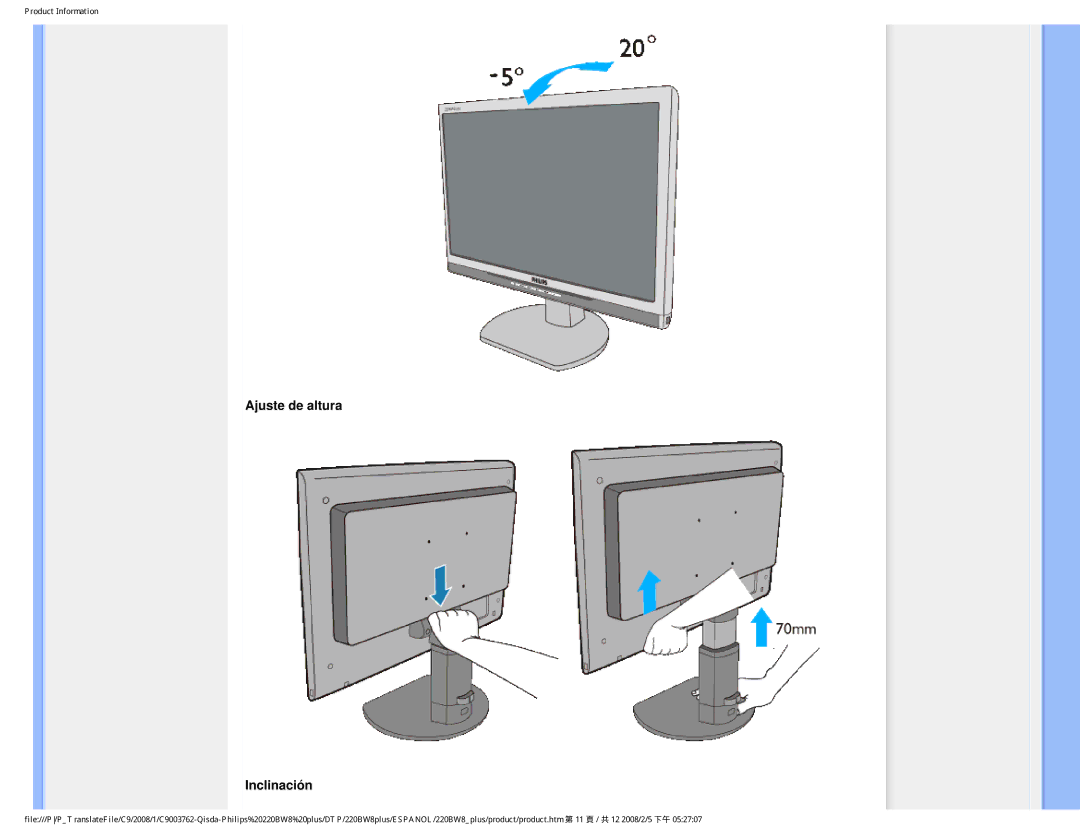 Philips 225B1 user manual Ajuste de altura Inclinación 