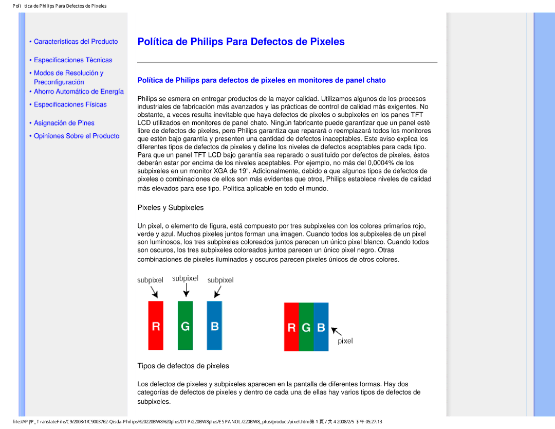 Philips 225B1 user manual Política de Philips Para Defectos de Pixeles, Pixeles y Subpixeles 