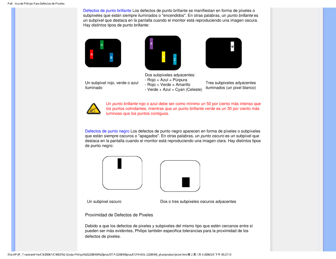 Philips 225B1 user manual Proximidad de Defectos de Pixeles 