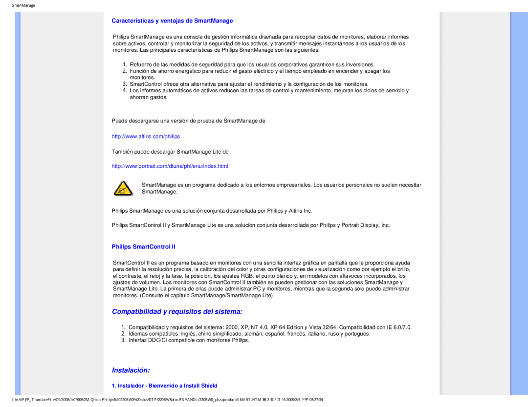Philips 225B1 user manual Características y ventajas de SmartManage, Instalador Bienvenido a Install Shield 