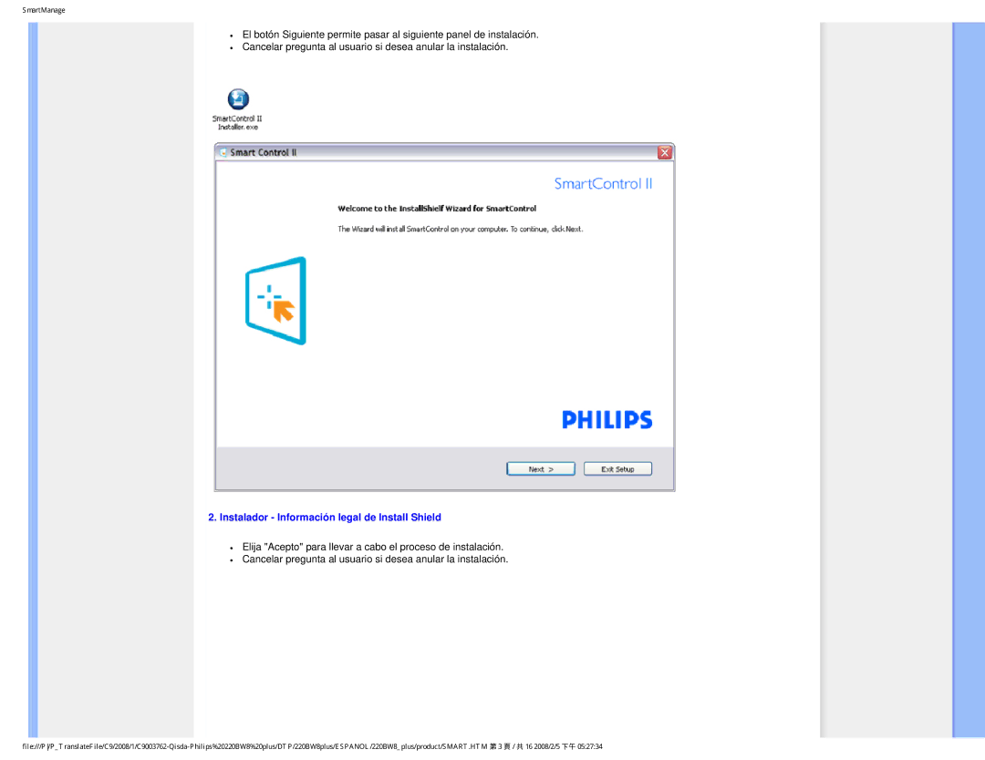 Philips 225B1 user manual Instalador Información legal de Install Shield 