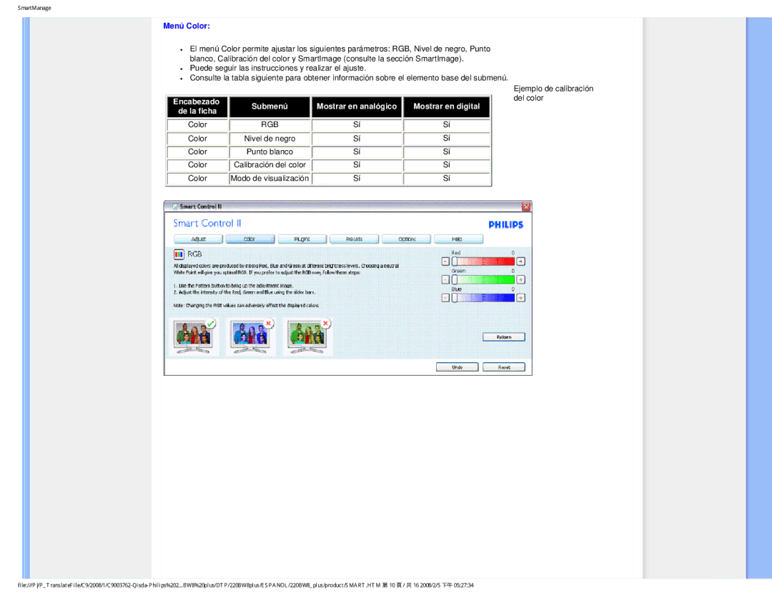 Philips 225B1 user manual Menú Color, Rgb 