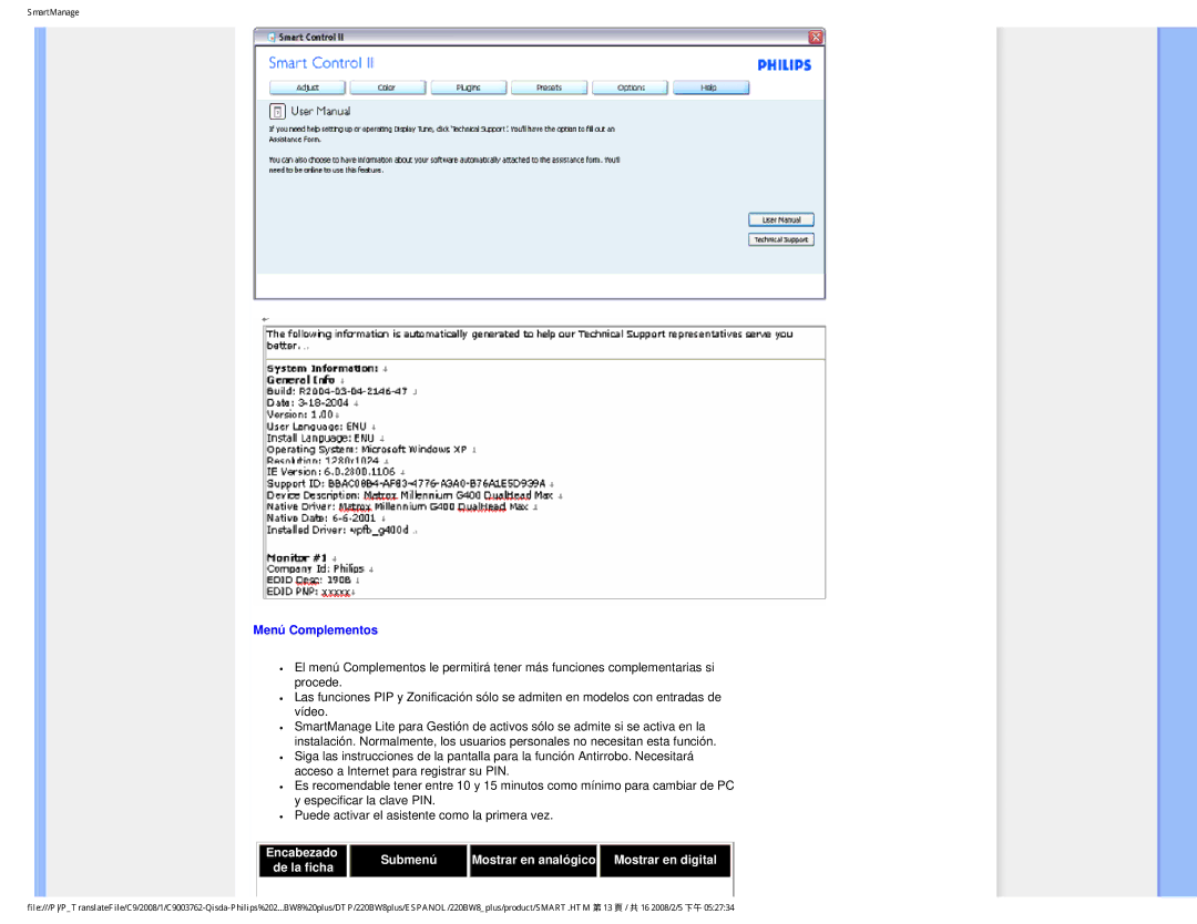 Philips 225B1 user manual Menú Complementos, Mostrar en digital 