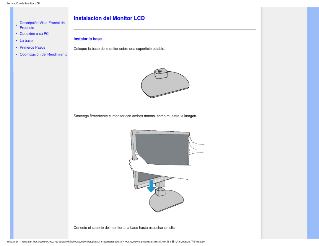 Philips 225B1 user manual Instalación del Monitor LCD, Instalar la base 