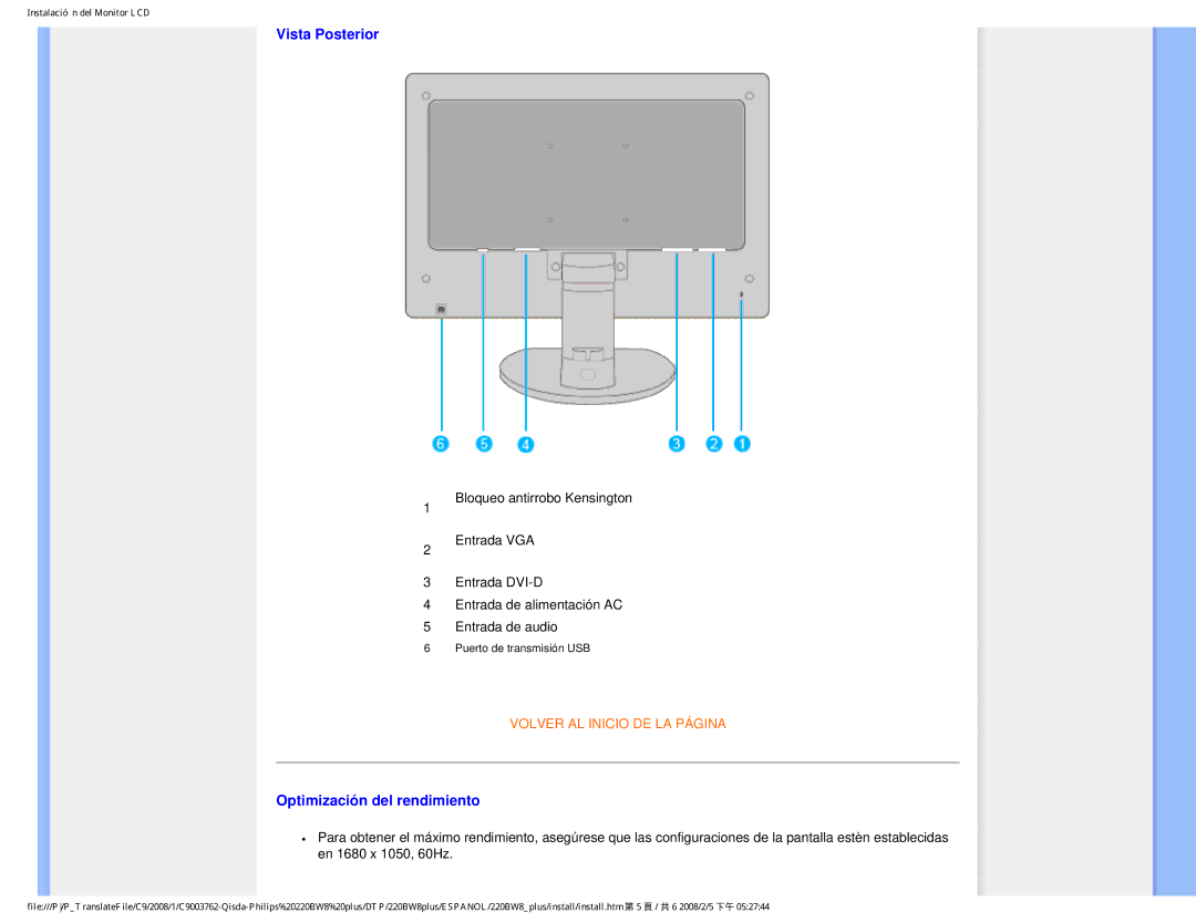 Philips 225B1 user manual Vista Posterior, Optimización del rendimiento 