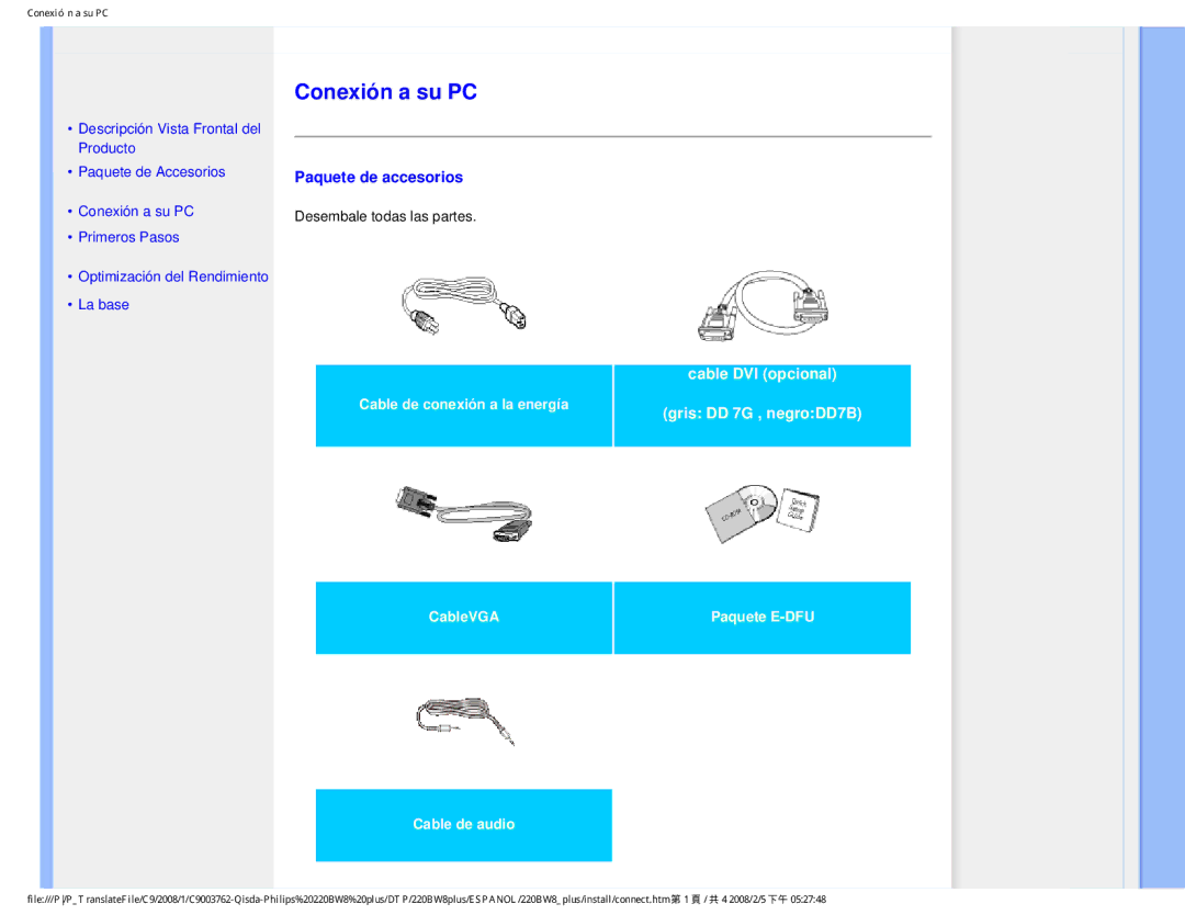 Philips 225B1 user manual Conexión a su PC, Paquete de accesorios 