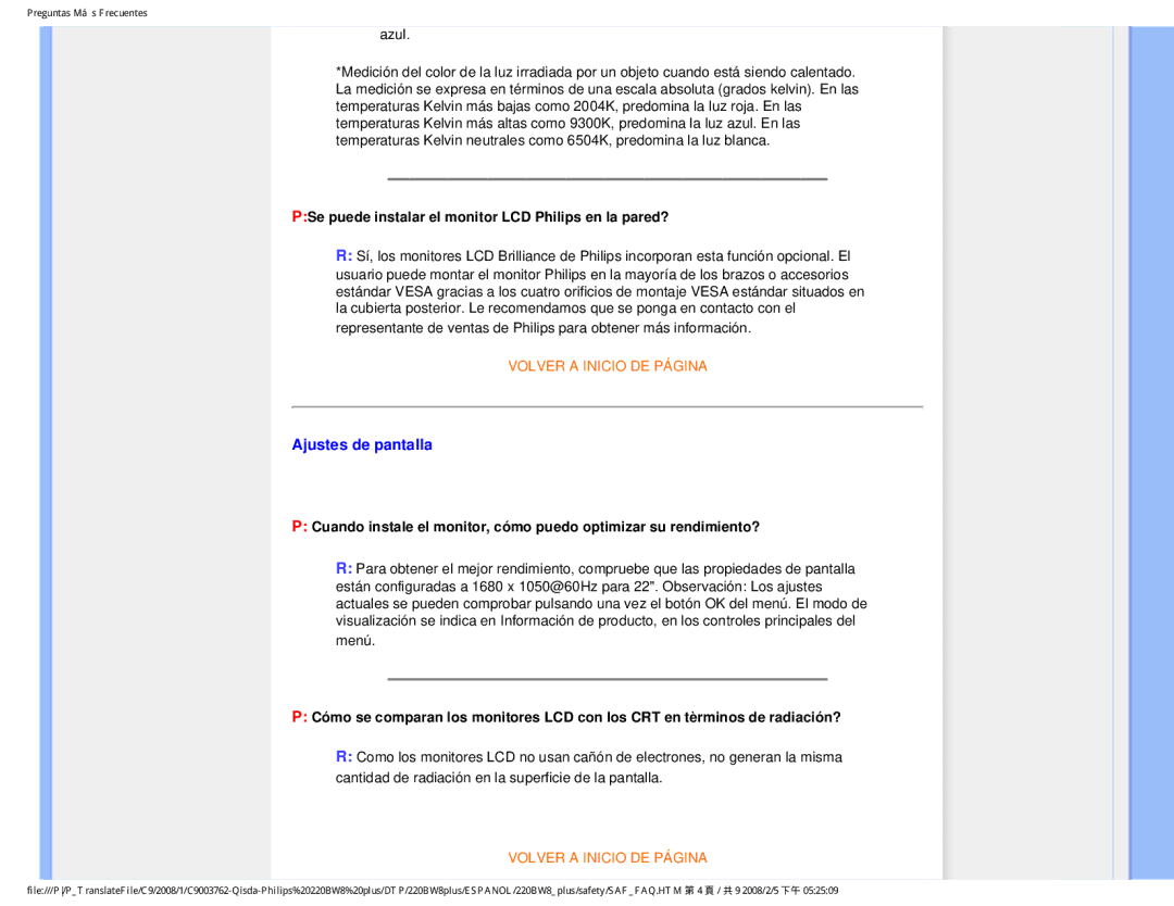 Philips 225B1 user manual Ajustes de pantalla, PSe puede instalar el monitor LCD Philips en la pared? 