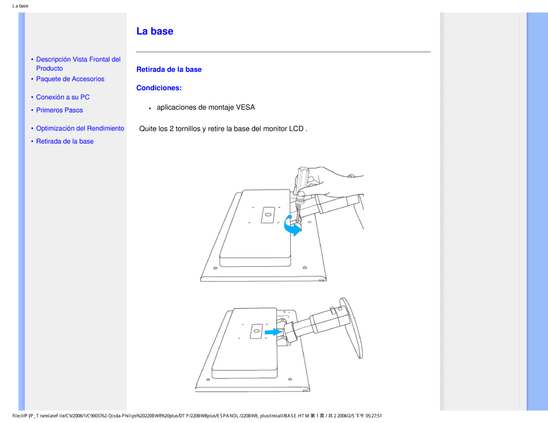 Philips 225B1 user manual La base, Retirada de la base Condiciones 