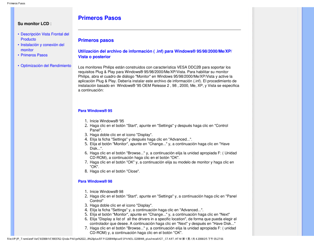 Philips 225B1 user manual Primeros Pasos, Para Windows 