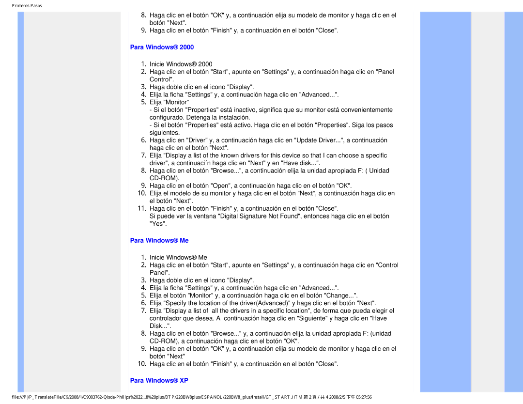 Philips 225B1 user manual Para Windows Me, Para Windows XP 