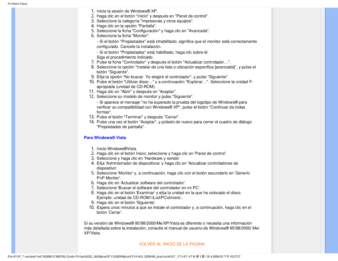 Philips 225B1 user manual Para Windows Vista 