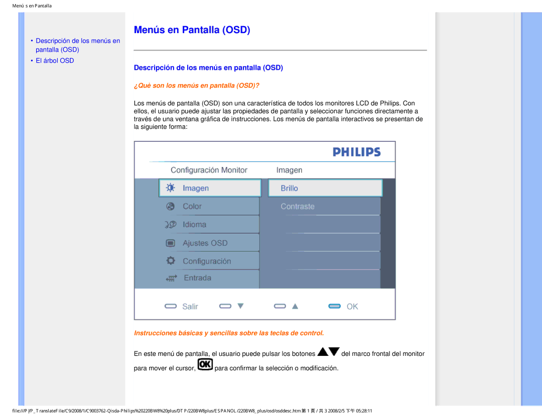 Philips 225B1 user manual Menús en Pantalla OSD, Descripción de los menús en pantalla OSD 