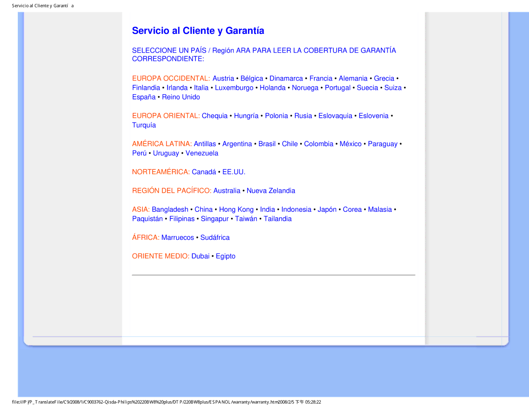 Philips 225B1 user manual Servicio al Cliente y Garantía, Correspondiente 