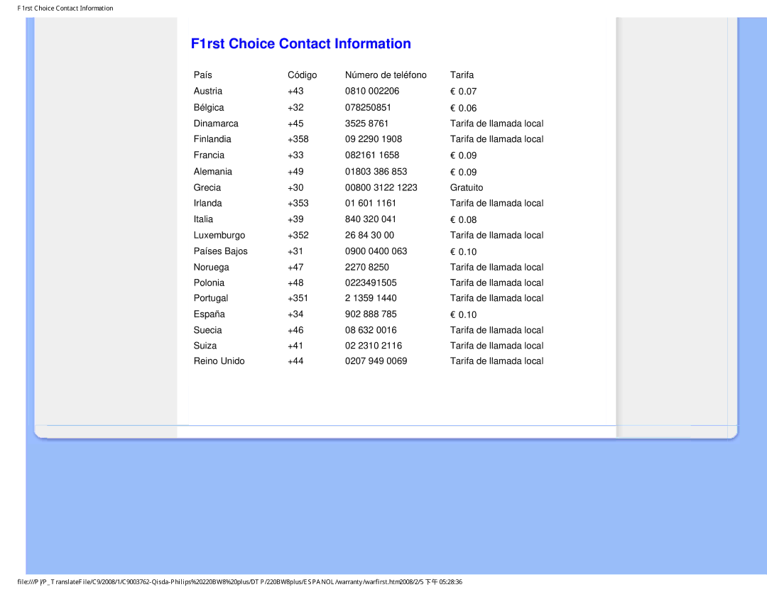 Philips 225B1 user manual F1rst Choice Contact Information, Reino Unido +44 0207 949 