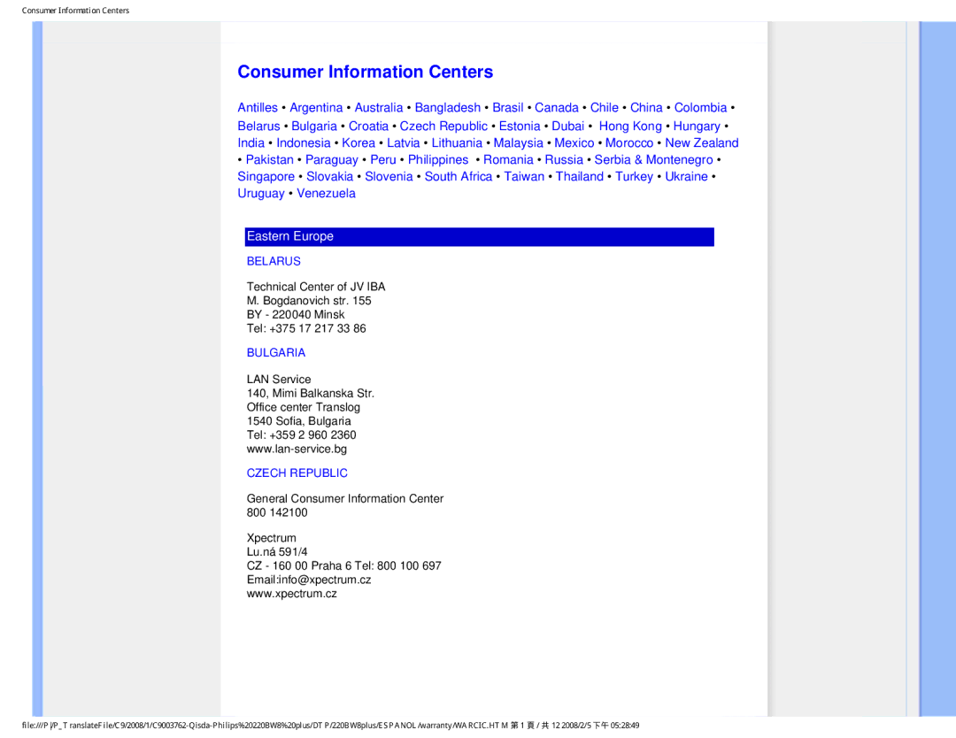 Philips 225B1 user manual Consumer Information Centers, Belarus, Bulgaria, Czech Republic 